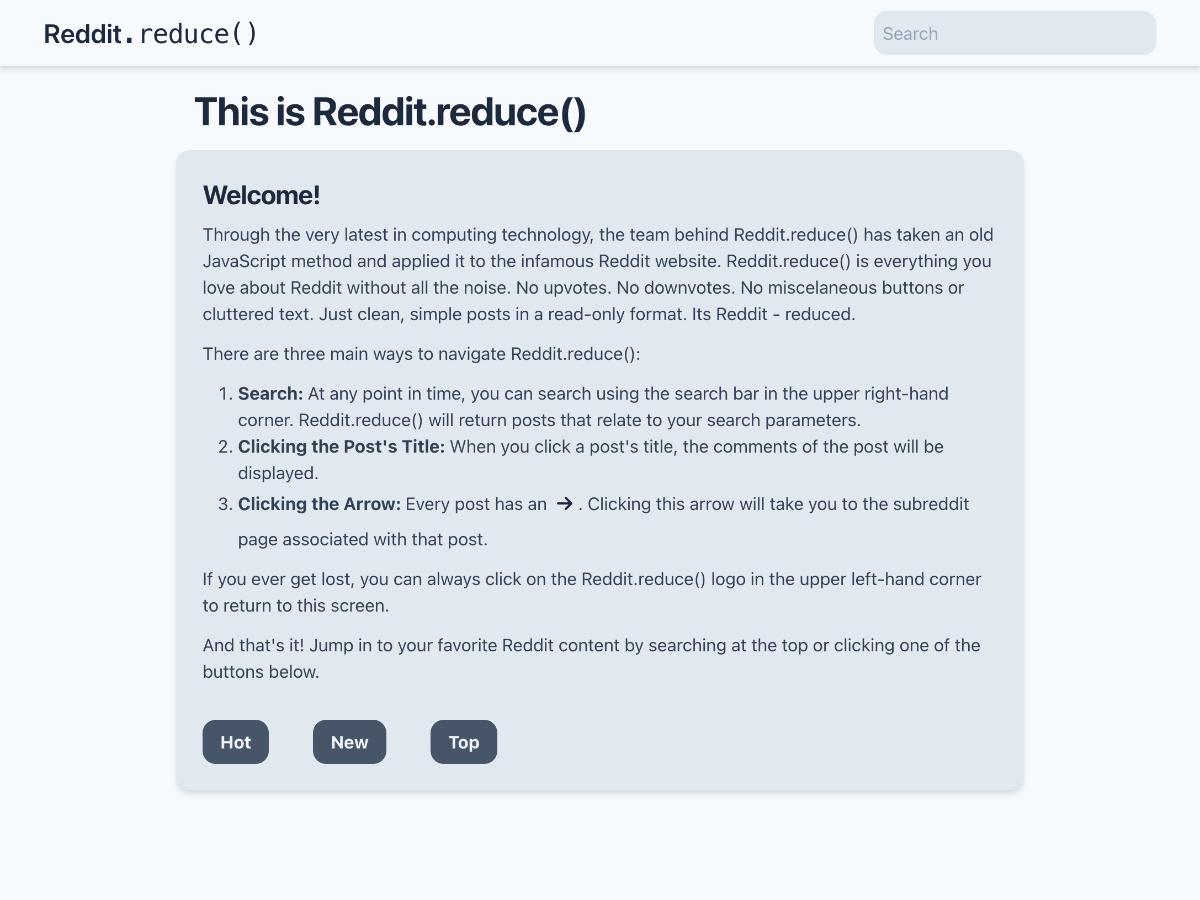 home page of web app Reddit.reduce()